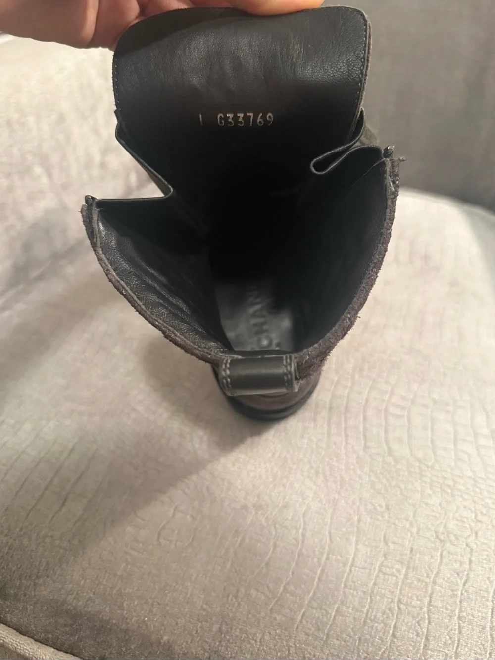 CHANEL G33769 Dark Gray Quilted Suede CC Combat Boots 41.5
